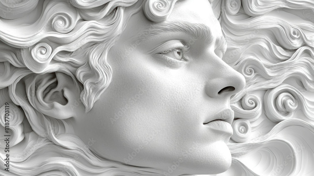 Sculptural Portrait with Flowing Hair - A Detailed Study in White Marble