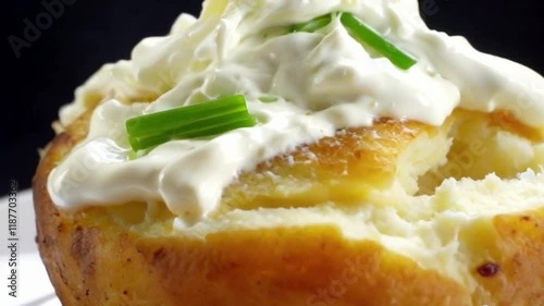 Fluffy potato slow motion cheese drips molten sour cream peaks green onions or Fluffy potato slow motion
