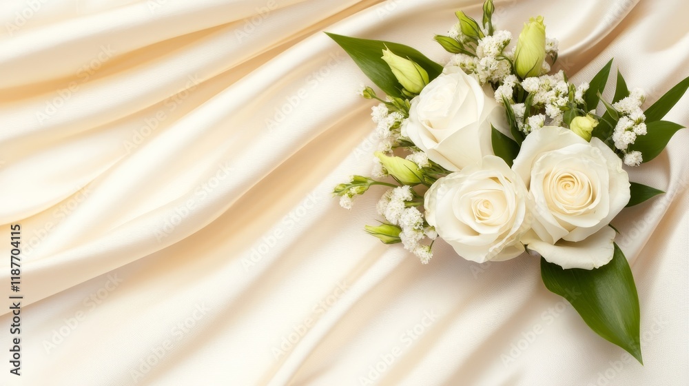 A delicate arrangement of white roses and greenery on soft cream fabric. A delicate arrangement of white roses and greenery on soft cream fabric.