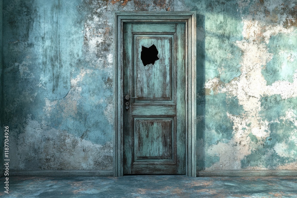 Old, teal door with hole in distressed wall. Illustrates neglect, mystery, or abandoned themes. Old, teal door with hole in distressed wall. Illustrates neglect, mystery, or abandoned themes.