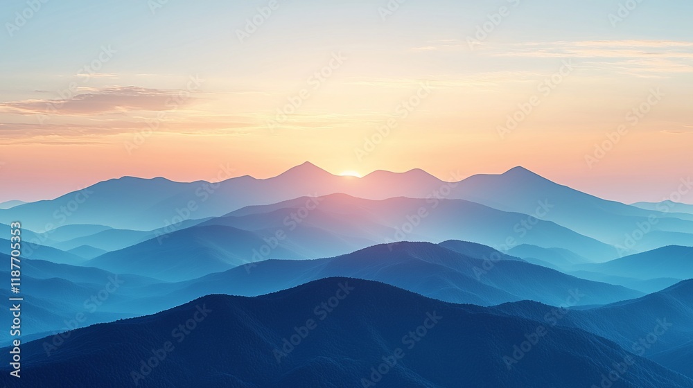 Fototapeta premium Serene sunrise over majestic mountain range.