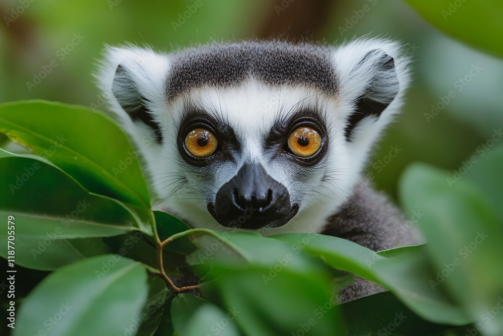 Obraz premium A captivating close-up portrait of a ring-tailed lemur peering through vibrant green foliage. Its curious gaze and striking eyes are the focal point.