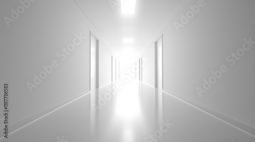 A futuristic white hallway with a glowing light at the end,white hallway with a bright light at the end,Empty white futuristic corridor with a glowing light in the distance