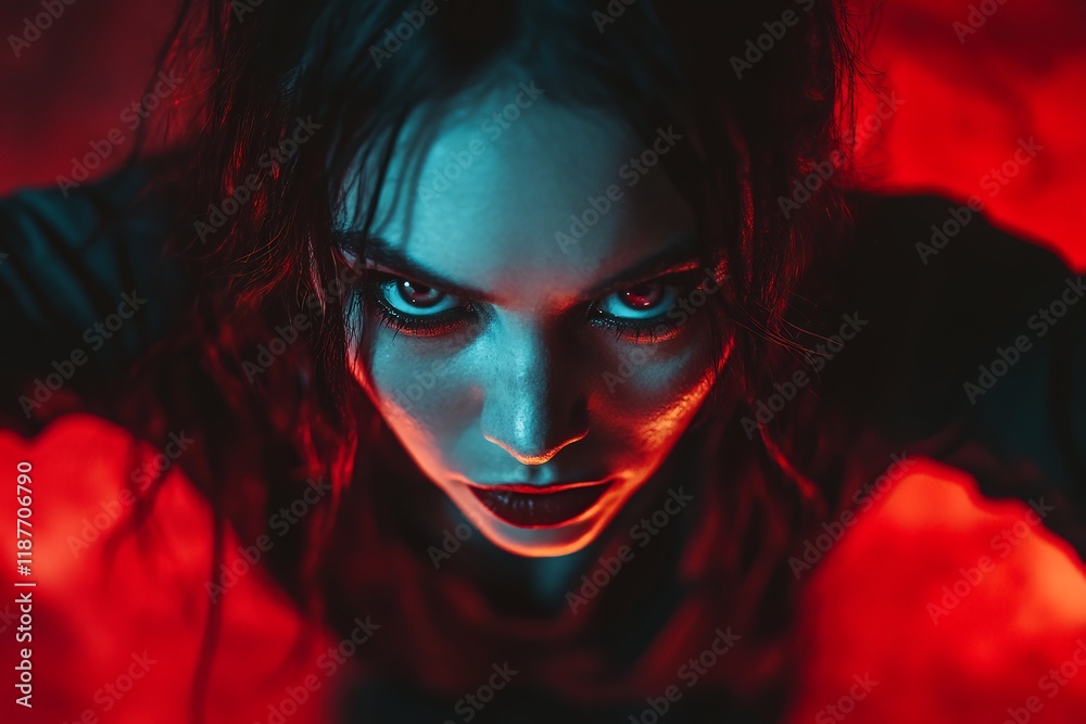 Close-up portrait of a woman with intense eyes, illuminated by red and blue light, creating a dramatic and mysterious mood. Close-up portrait of a woman with intense eyes, illuminated by red and blue light, creating a dramatic and mysterious mood.