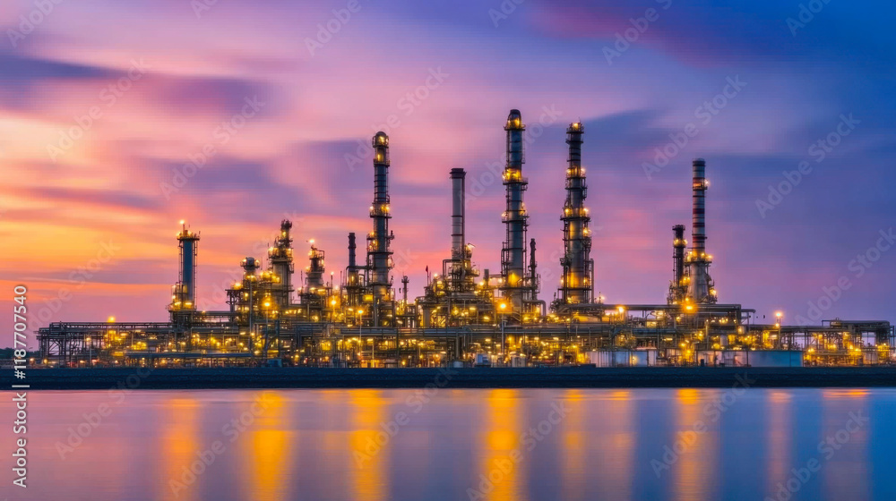 Obraz premium petrochemical plant in night time with reflection over the river