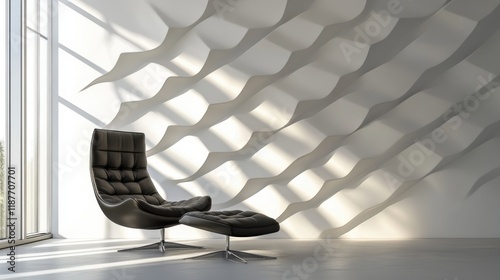 Modern Black Lounge Chair with Ottoman in a Bright Room Featuring Artistic Shadow Patterns on the Wall from Natural Light Streaming Through Large Windows photo