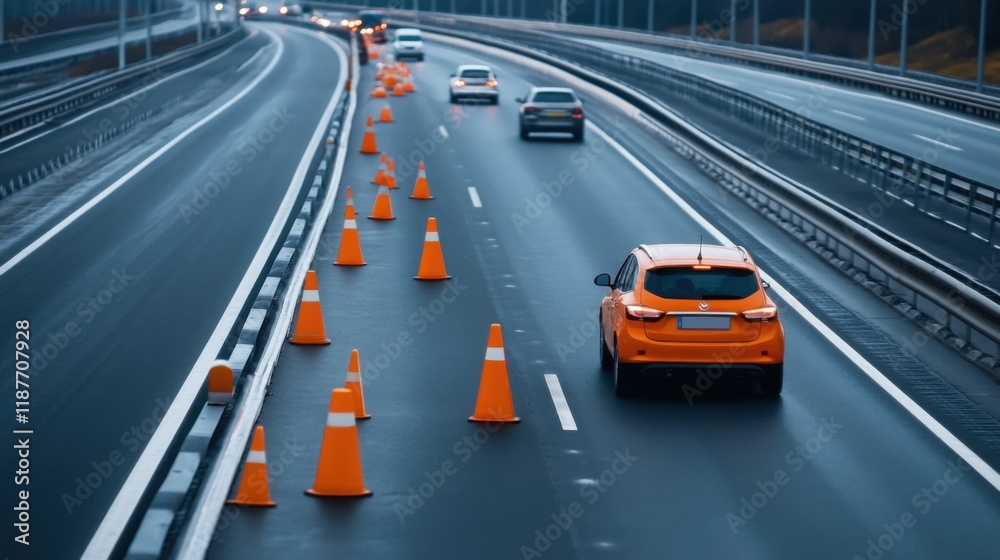 Fototapeta premium Traffic Flow on Rainy Highway with Road Cones and Moving Vehicles in Urban Environment