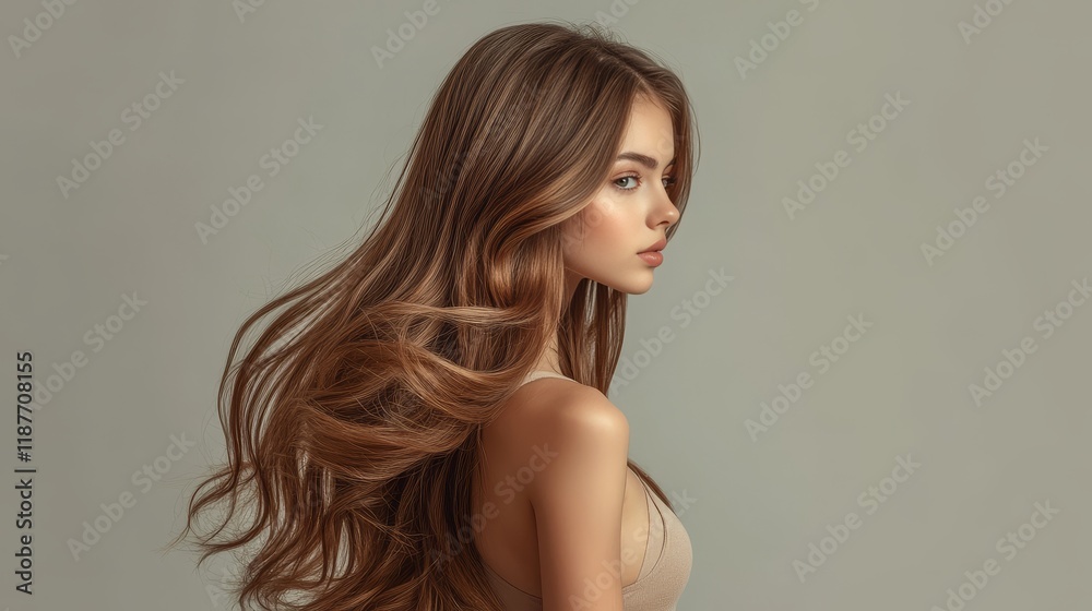 Profile of young caucasian female with long flowing hair Profile of young caucasian female with long flowing hair