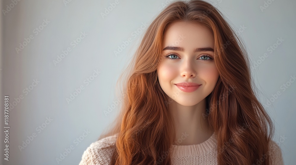 Fototapeta premium Young caucasian female with long red hair smiling in bright room