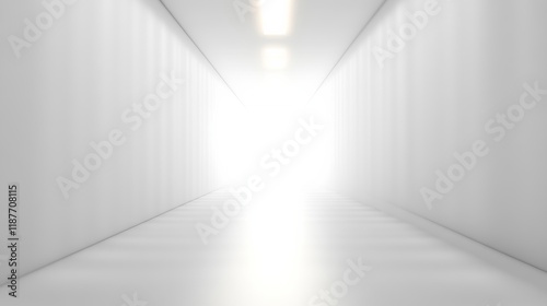 A futuristic white hallway with a glowing light at the end,white hallway with a bright light at the end,Empty white futuristic corridor with a glowing light in the distance