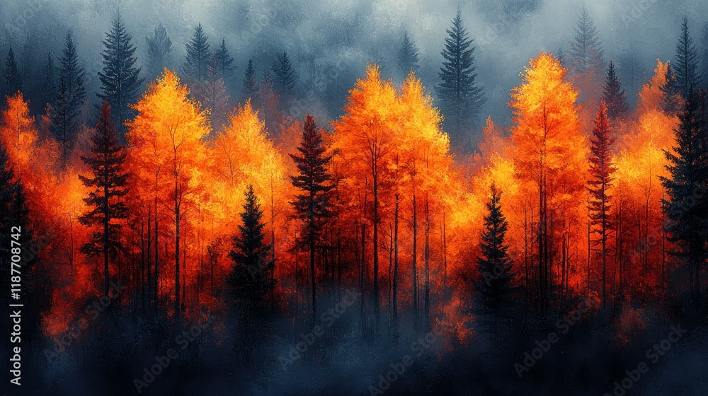 Misty Autumn Forest with Vibrant Foliage in Serene Landscape Misty Autumn Forest with Vibrant Foliage in Serene Landscape