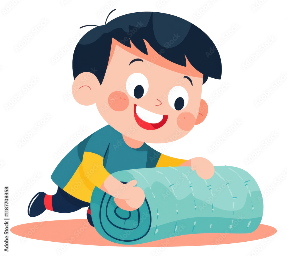 Cartoon illustration of a boy joyfully rolling up a yoga mat isolated on transparent background. Cartoon illustration of a boy joyfully rolling up a yoga mat isolated on transparent background.