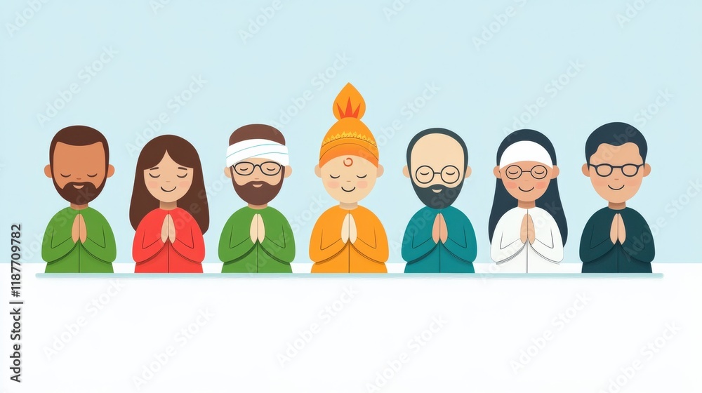 Group of Diverse People Practicing Meditation with Hands in Prayer Pose, Symbolizing Peace, Unity, and Spirituality Against a Soft Blue Background Group of Diverse People Practicing Meditation with Hands in Prayer Pose, Symbolizing Peace, Unity, and Spirituality Against a Soft Blue Background