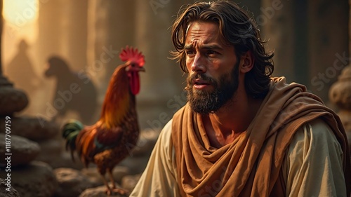 Peter weeping bitterly after denying Jesus three times, with a rooster crowing in the background.
