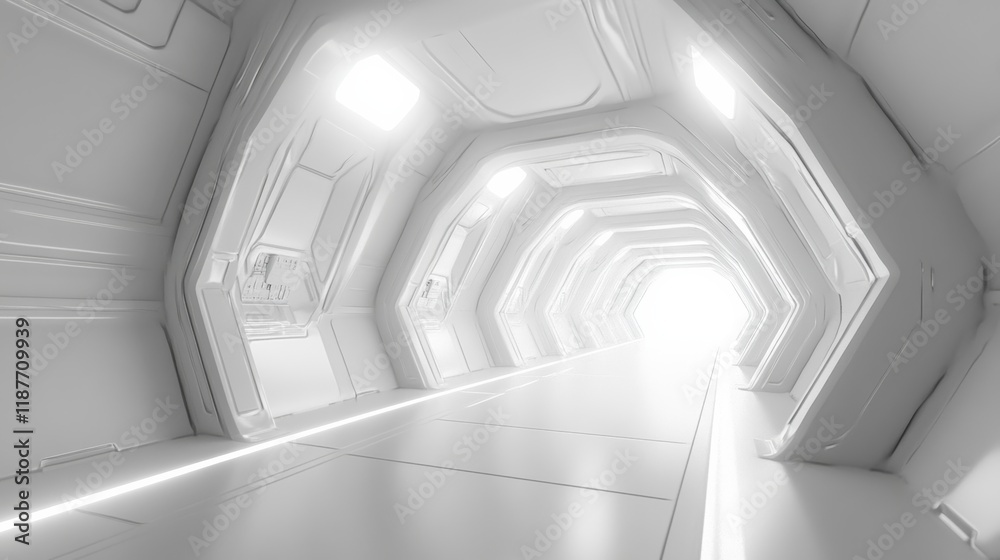 Fototapeta premium A futuristic white hallway with a glowing light at the end,white hallway with a bright light at the end,Empty white futuristic corridor with a glowing light in the distance
