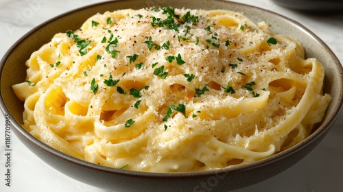 Creamy fettuccine alfredo pasta garnished with fresh parsley and parmesan cheese