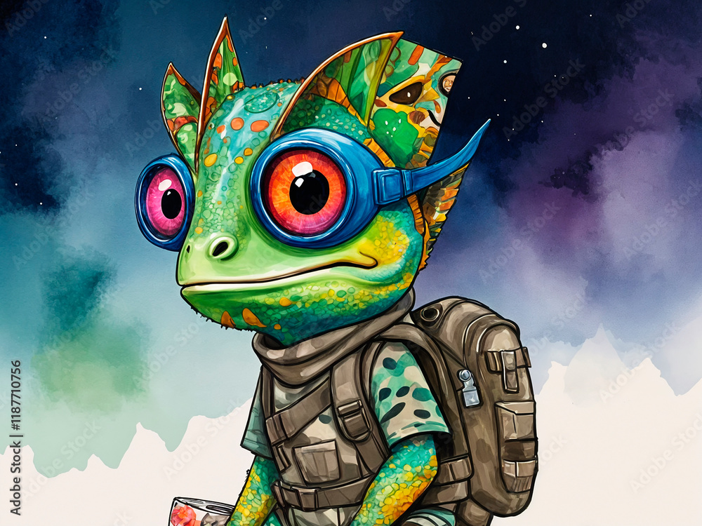 Obraz premium funny caricature, chameleon animal caricature, juvenile exotic male, colorful scales, curvy tail, big cartoonish head, exaggerated caricature features, wearing camo bandana, stealt - generated by ai