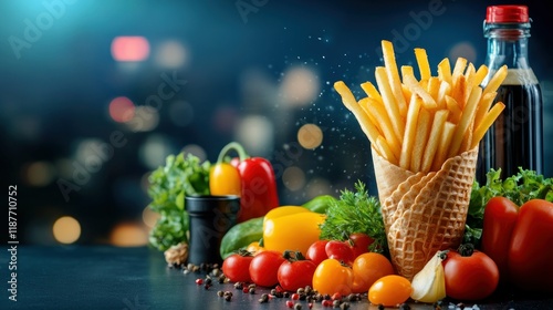 Gourmet French Fries with Fresh Vegetables on a Night Cityscape Background photo