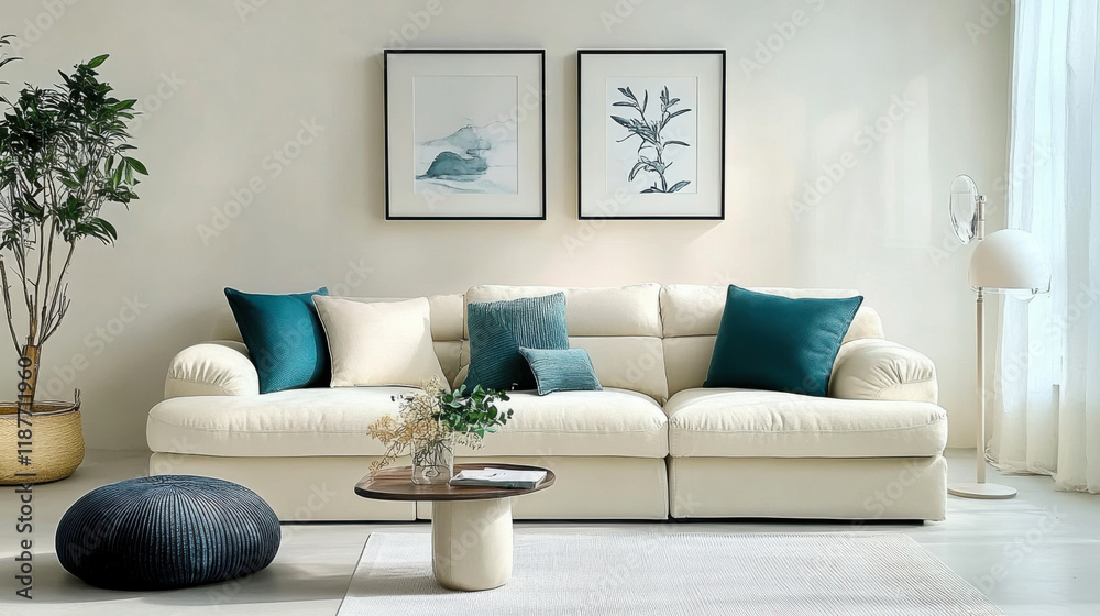 Fototapeta premium White sofa with teal pillows stucco wall Minimalist interior design living room