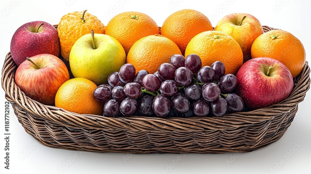 Vibrant fruit basket with apples, oranges, grapes, and lemons on wicker tray Vibrant fruit basket with apples, oranges, grapes, and lemons on wicker tray