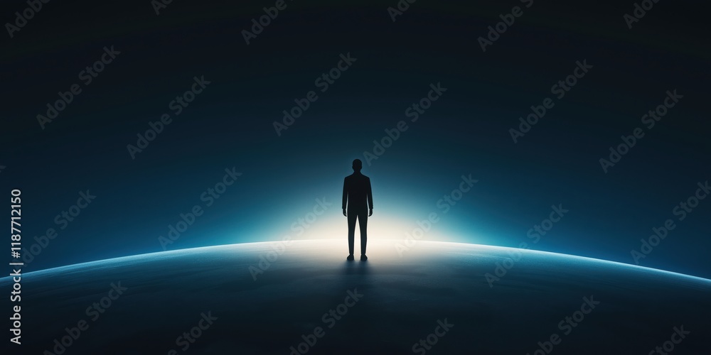 A solitary figure stands on the edge of a planet, representing the vastness of human potential and the journey into the unknown with a cosmic backdrop illuminating hope. A solitary figure stands on the edge of a planet, representing the vastness of human potential and the journey into the unknown with a cosmic backdrop illuminating hope.