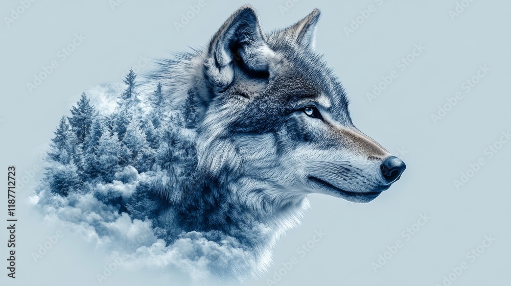 Fototapeta premium Wolf with double exposure of forest and clouds in profile view