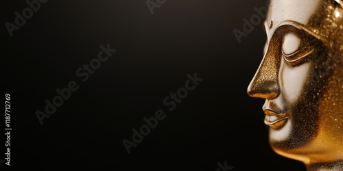 A close-up of a golden Buddha statue, radiating peace and serenity, contrasting beautifully with the dark background, inviting contemplation and reflection. photo