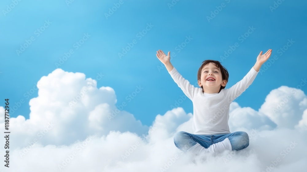 Happy Child Sitting on Clouds Under Bright Blue Sky with Arms Raised in Joyful Expression of Freedom and Wonder Happy Child Sitting on Clouds Under Bright Blue Sky with Arms Raised in Joyful Expression of Freedom and Wonder