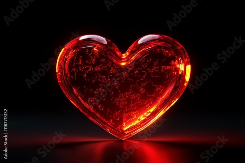 Illuminated crystal heart with intricate details on black background photo