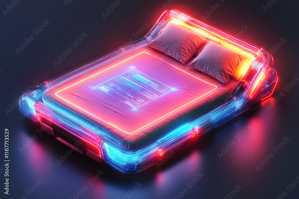 A glowing bed with digital settings for perfect sleep, symbolizing technology for health A glowing bed with digital settings for perfect sleep, symbolizing technology for health