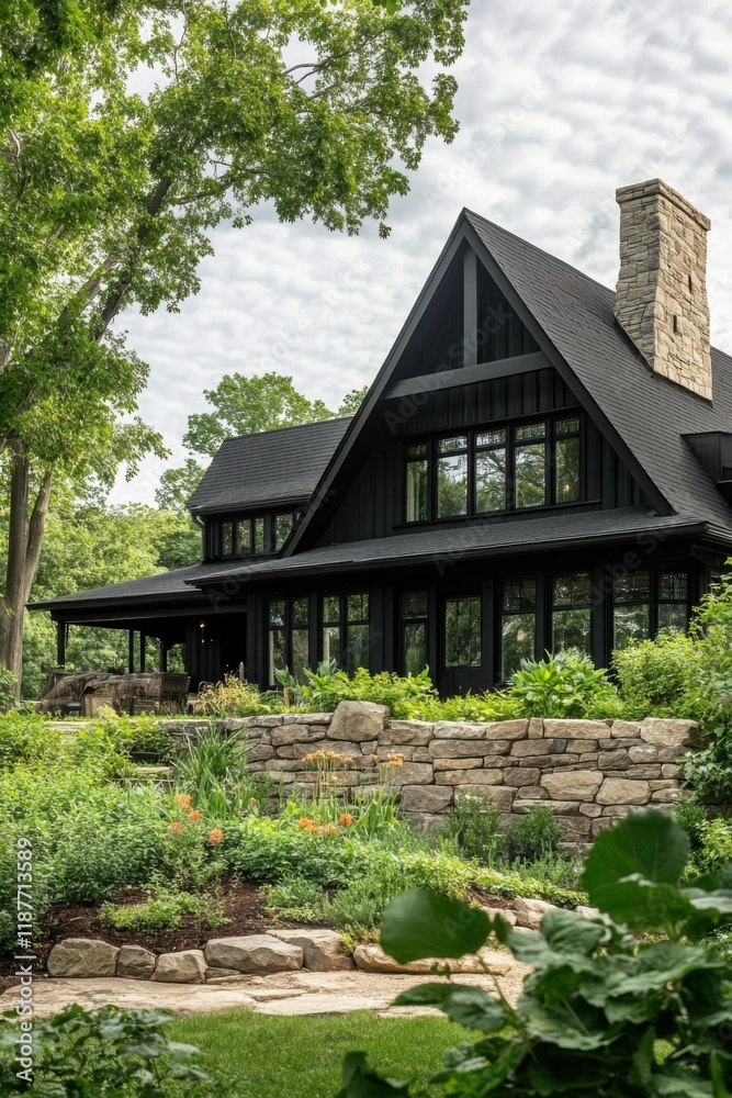 A contemporary black house featuring a prominent stone chimney is nestled in a vibrant garden, lush with plants and trees, all enclosed by charming stone walls. A contemporary black house featuring a prominent stone chimney is nestled in a vibrant garden, lush with plants and trees, all enclosed by charming stone walls.