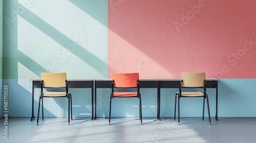 Modern school desks with chairs in a bright classroom setting near a colorful wall photo