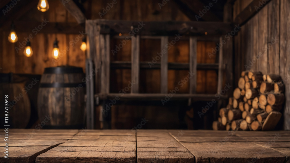Rustic wooden table in a barn setting, perfect for showcasing products. Warm lighting and aged wood create a cozy ambiance. Rustic wooden table in a barn setting, perfect for showcasing products. Warm lighting and aged wood create a cozy ambiance.
