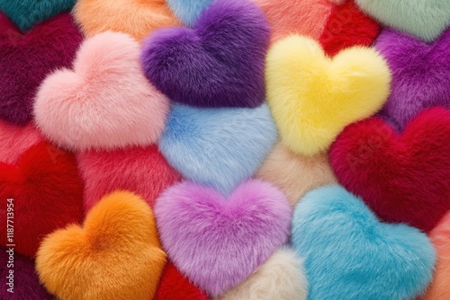 Colorful fluffy heart shapes arranged in a playful pattern on a soft textured surface creating a vibrant display perfect for decoration or gifts