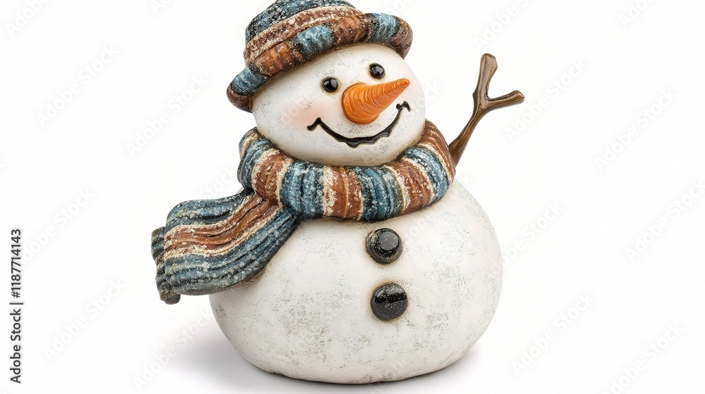 Isolated Snowman Figurine with Carrot Nose and Colorful Scarf Isolated Snowman Figurine with Carrot Nose and Colorful Scarf