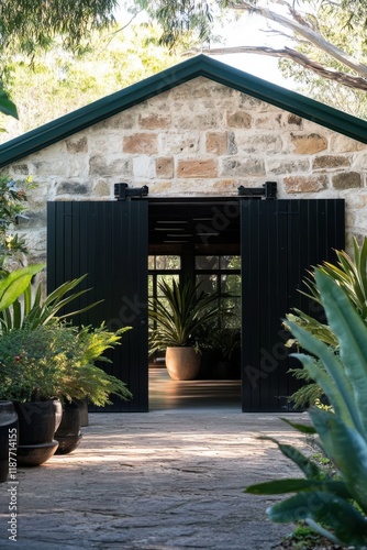 A breathtaking stone building stands as the stunning focal point of a tranquil outdoor setting, enveloped by lush greenery under the bright daylight photo