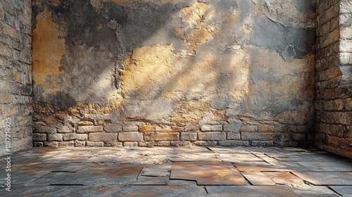 Rustic stone wall with weathered texture and sunlit patina photo