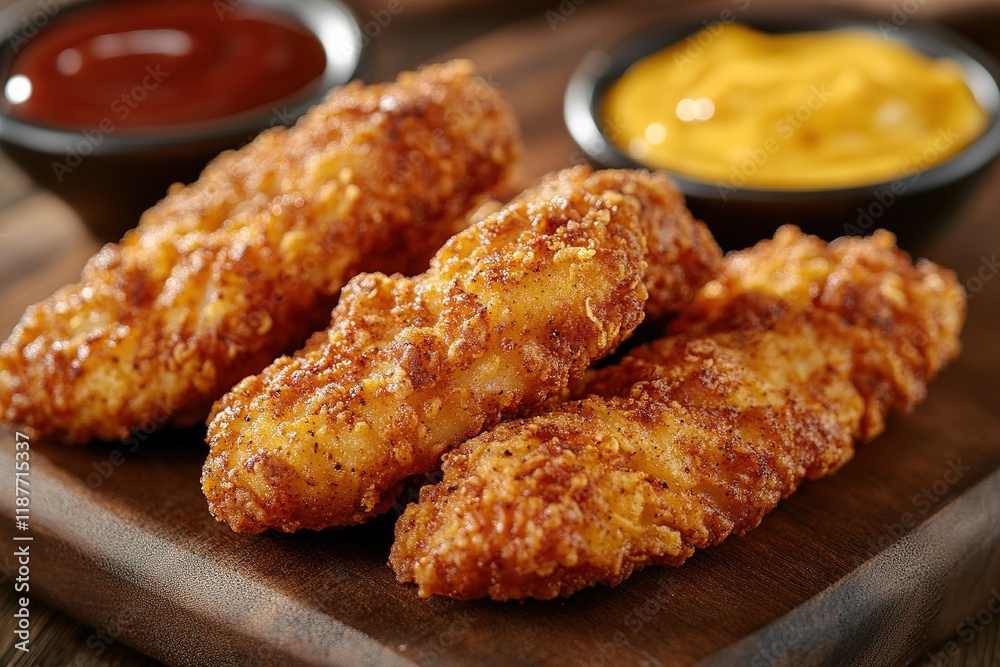 Breaded chicken strips or nuggets with two kinds of sauces and fried potatoes on a wooden Board. Fast food on dark brown background. with copy space Breaded chicken strips or nuggets with two kinds of sauces and fried potatoes on a wooden Board. Fast food on dark brown background. with copy space