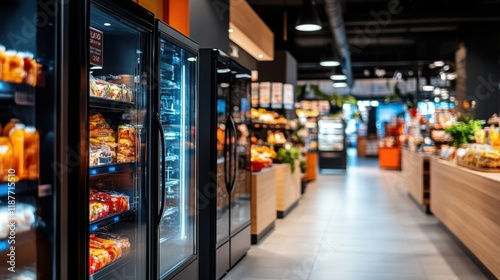 Modern supermarket interior with organized shelves, refrigerated units, and grocery items in a bright environment