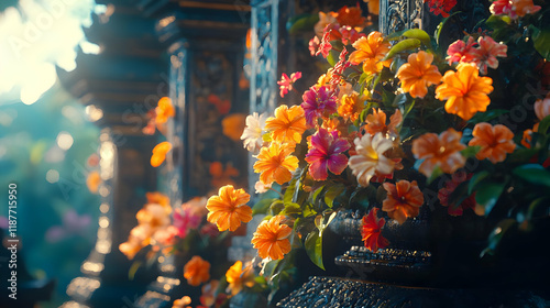 Illustration of Vibrant Flowers Adorning Ornate Stone Pillars
