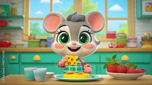 Cute cartoon mouse enjoys cheese in a sunny kitchen, strawberries nearby, for children's book illustration