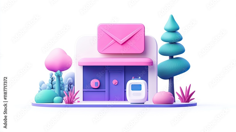 Cute 3D illustration of a post office with stylized trees and plants. Cute 3D illustration of a post office with stylized trees and plants.