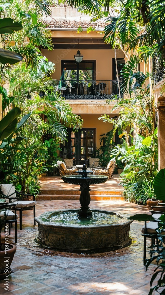 Lush Tropical Courtyard with Fountain Surrounded by Greenery Lush Tropical Courtyard with Fountain Surrounded by Greenery