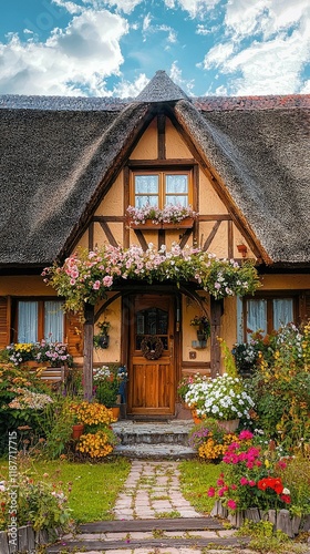 Charming Cottage with Flower Garden and Thatched Roof Design photo