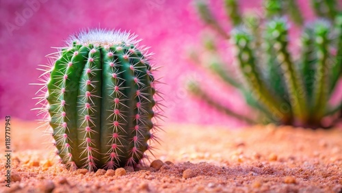 Prickly green cactus on pink sand background, desert landscape, cactus in bloom, desert landscape photo