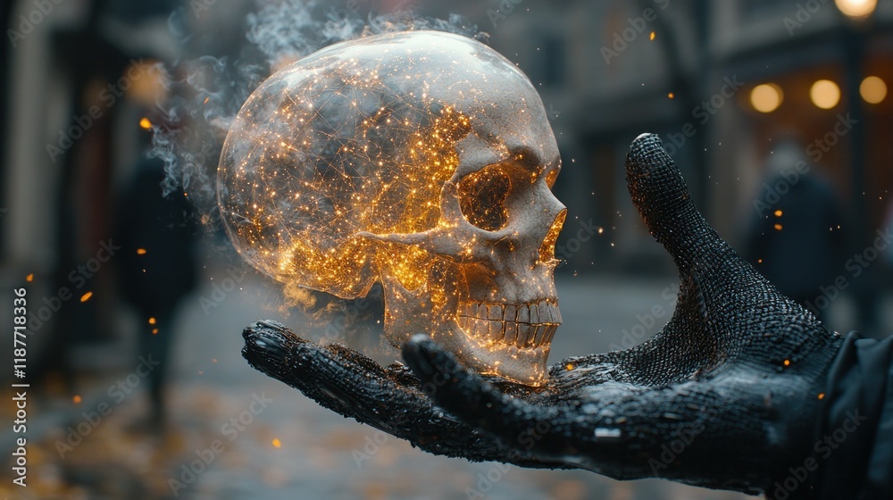 Obraz premium Mysterious Glowing Skull in Hand on Enigmatic City Street
