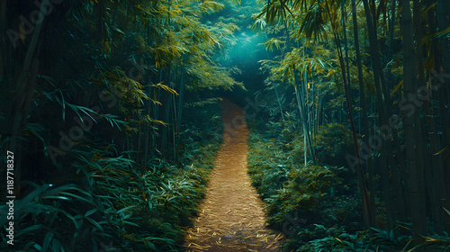 Illustration - Enchanting Bamboo Forest Path, Golden Trail, Lush Greenery, Nature, Tranquility