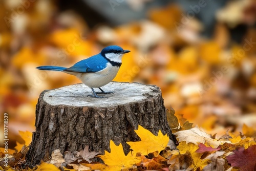 Blue jay perched on a tree stump amidst autumn leaves. Perfect for fall, nature, or wildlife themes. photo