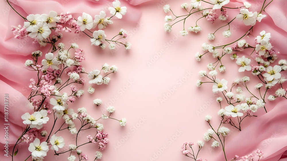 Pink floral frame, pastel background, spring flowers, romantic design, wedding invitation