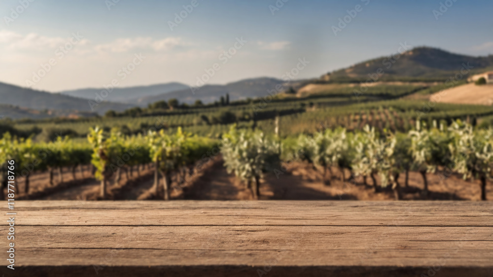 Naklejka premium Rustic wooden table overlooking vineyard and rolling hills. Perfect background for product display.